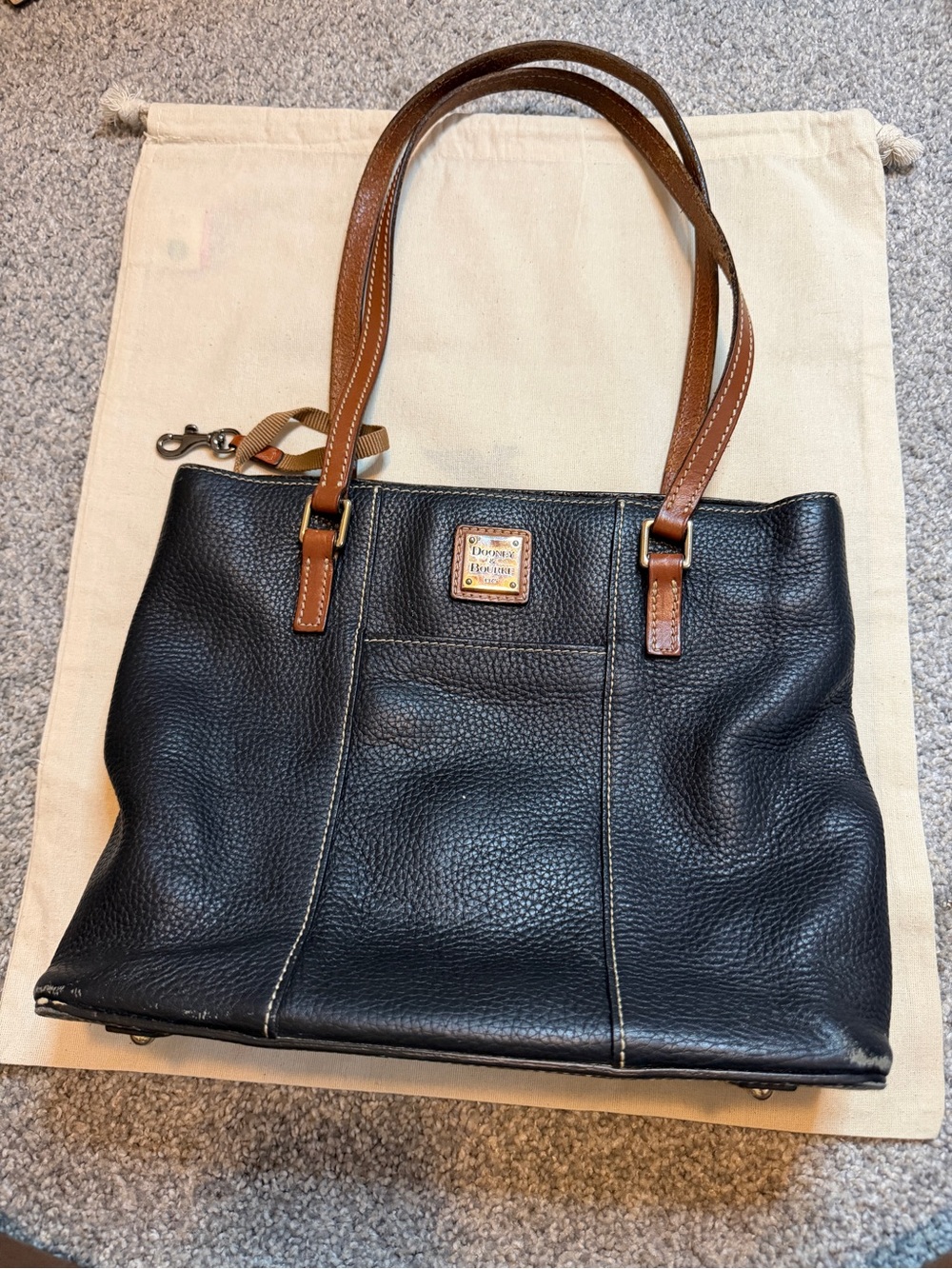 Dooney & Bourke Black Pebbled Leather Shoulder Tote with Brown Handles